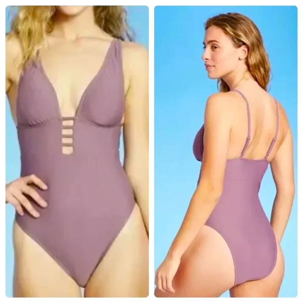 Shade & Shore Women's Torso Plunge Front Swimsuit Mauve Purple XLARGE NWT
